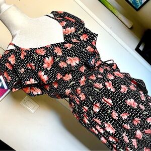 blush floral polka dot print faux wrap look dress flowy off the shoulder sleeves